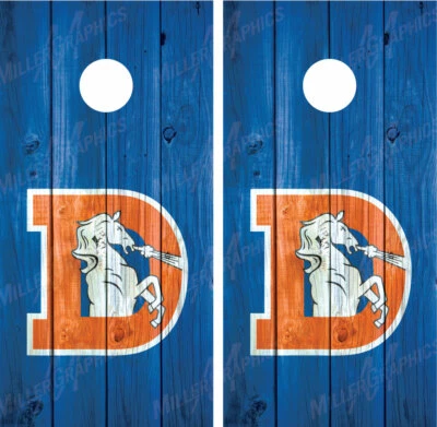 MILLER GRAPHICS Denver Broncos Throwback (Blue) Distressed Wood Cornhole Board Decal Wrap Wraps