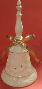 Vintage White Porcelain Bell with Gold Accent Trim Embossed Santa and Reindeer  - Picture 1 of 4