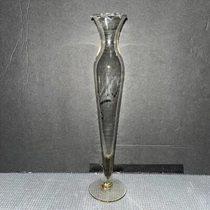 10” Etched Leaf Floral Bud Vase Clear Glass  Made In Mexico - Picture 1 of 5