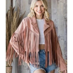 VEVERET Fringe Jacket Mauve Faux Suede Moto Western Rodeo Bolero NWT S&M - Picture 1 of 12