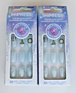 (2 LOTE) KISS imPRESS 30 Uñas Pelar y Prensar Corto Azul Escarchado Copo de Nieve Navidad - Imagen 1 de 4