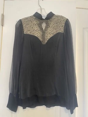 Blusa Walter Negra Seda Estilo Eduardiano Con Espalda Transparente, Encaje Intrincado, Talla 4 Foto 1 de 4