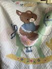 Hand Embroidered Rocking Horse Bear Baby Quilt Flannel Back 33 X 39 Inches