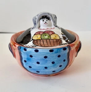 MID CENTURY ITALIAN ART POTTERY 5” Peasant Woman Lidded Jar Bowl Trinket 3.5" Ht - Picture 1 of 8