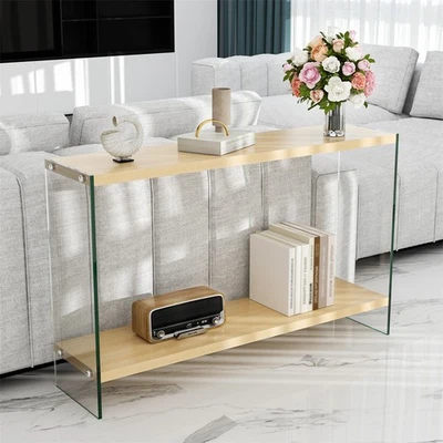 2 Tiers Narrow Console Table Tempered Glass Legs Floating Sofa Table Entryway - Image 1 of 4