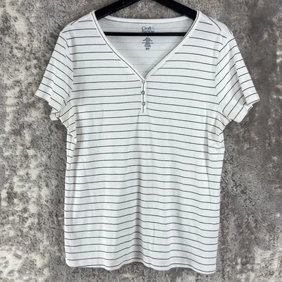 Blusa Croft Barrow tamanho L listrada gola V minimalista casual branca manga curta - Imagem 1 de 4