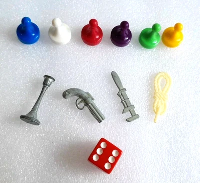 CLUE Parker Brothers Game 1992 Replacement Parts 6 tokens, 1 red die, 4 weapons - Image 1 of 2