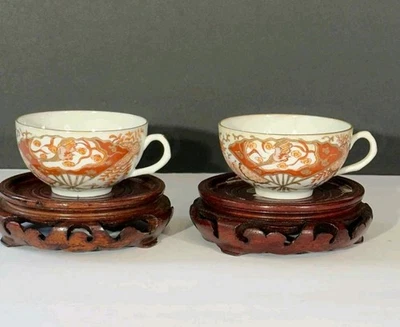 Japanese Porcelain Tea Cups Pair, Red & Gilt Aka-e, Signed 三川製 (Mitsukawa) - Image 1 of 4