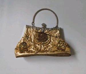 Vintage Style Gold Beaded Floral Evening Clutch Bag Ocassion Purse Handbag - Picture 1 of 5