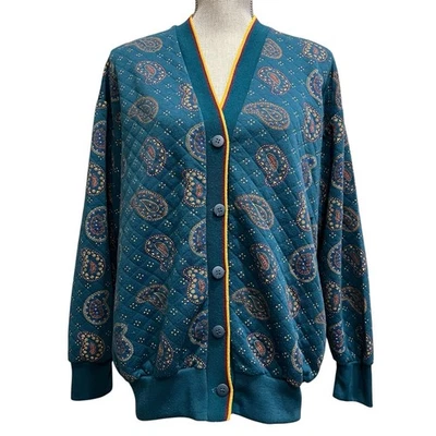 Gitano Sweater Cardigan M Teal Paisley Floral Geometric Grandpa Oversized *FLAW* - Image 1 of 4