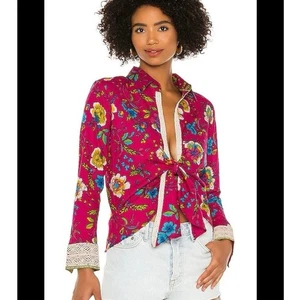 Camicia Pitusa cravatta con colletto in cotone stampa floreale fucsia bordo pizzo - Foto 1 di 11