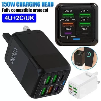 USB C Plug 150W 6-Port Fast Charger Plug UK Dual Port PD Power Adapter QC Multi - Image 1 of 4