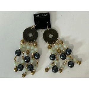 Asian Coin 14k Medallion Stone Bead Pierced Dangle 3” Earrings 28g Total Weight - Picture 1 of 5