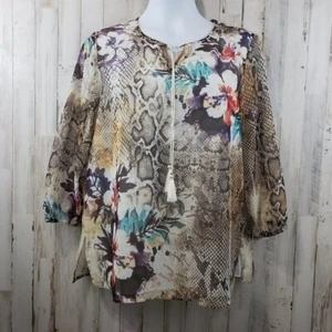 Top Alfred Dunner 8 crema pelle di serpente floreale cravatta collo nappa manica 3/4 V14 - Foto 1 di 7