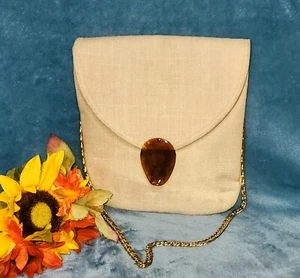 Vintage Crown Lewis Handtasche hellbraun Stoff goldfarben Kette Bakelit Schildpatt Verschluss Tasche - Bild 1 von 11