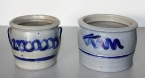 2 alte Keramiktöpfe 1x mit angedeuteten Henkeln grau/blau wohl Westerwaldkeramik - Bild 1 von 10