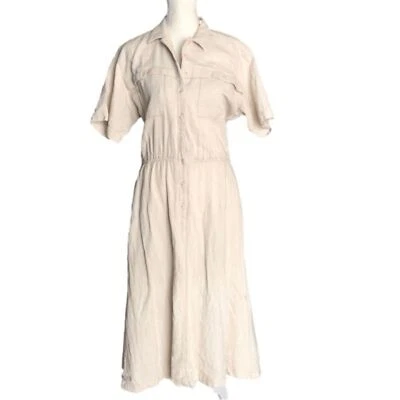 L.L. Bean Vintage Beige Cool Weave Button Front Collared Short Sleeve Midi Dress - Image 1 of 4