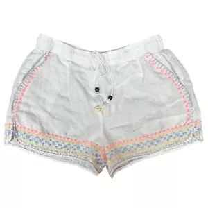 Rachel Zoen White Linen Embroidered Shorts Beaded Tassel Drawstring Boho Size M - Picture 1 of 7