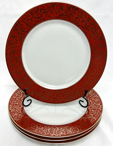 Set 4 Mikasa PARCHMENT RED Dinner Plates 10.75” Red Gold White Christmas - Picture 1 of 17