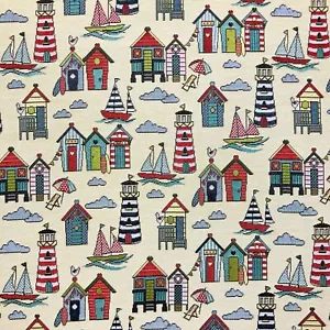 Tapestry Fabric Marine Beach Huts Upholstery Furnishings Curtains 140cm Wide - Picture 1 of 2