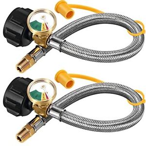 15" RV Propane Hoses with Gauge, Stainless Steel Braided, 40Lb 250PSI, 2PCS