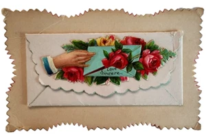 Antike viktorianische gestanzte Liebeskarte mit Rosen & Handmotiv seltenes geprägtes Design - Bild 1 von 2