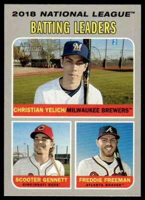2019 Topps Heritage #61 2018 N.L. Batting Leaders (Yelich / Gennett / Freeman) - Image 1 of 2