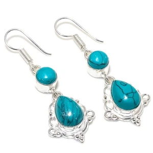 Blue Turquoise Gemstone Handmade 925 Starling Silver Jewelry Earring Size 2.3" - Picture 1 of 1