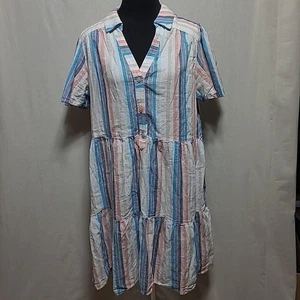 Clover and Sloane Dress Linen Blend Baby Doll Dress Size XL Tiered Striped - Picture 1 of 10