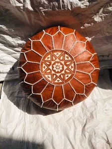 Brown 24'' Ottoman Pouf Retro Classic Pouffe Goat Leather Round Moroccan - Picture 1 of 12