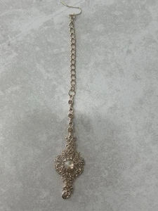 Gold Indian Maang Tikka Headpiece with Rhinestones – Bridal Bindi Jewelry - Picture 1 of 5