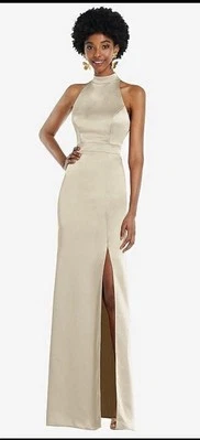 Lovely NEW HIGH NECK BACKLESS MAXI DRESS WITH SLIM BELT IN CHAMPAGNE Size 8 R - Image 1 of 4