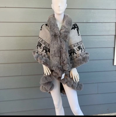 New Women’s Open Front Elephant Design Faux Fur Cape  - Image 1 of 4