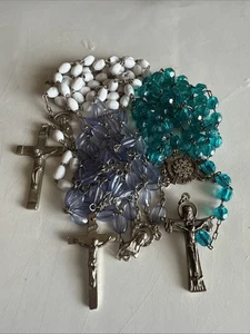 3 Vintage Catholic Rosaries lot Blue White Glass Bead Rosaries - Picture 1 of 5