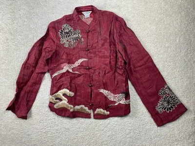 Chaqueta Top Citron Santa Monica XS Mezcla de Lino Bordada Grúa Floral Rojo Asiático Foto 1 de 4