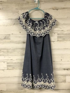 KAKTUS Shift Dress Large Floral Embroidered Eyelet Chambray Denim Boho Cottage - Picture 1 of 9