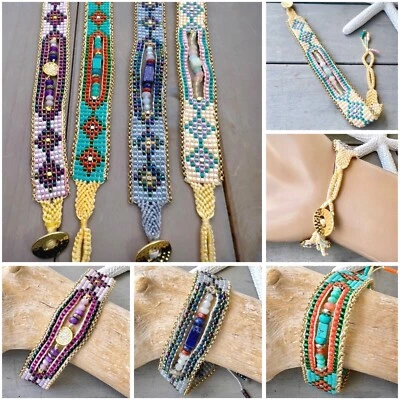 Armband Miyuki Samen Perlen 16mm Knebelknopf gedengelt verstellbar Boho Ethno - Bild 1 von 4