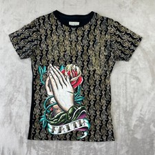 Christian Audigier Shirt Men Small Faith Praying Hands Graphic Silk Screen Rose