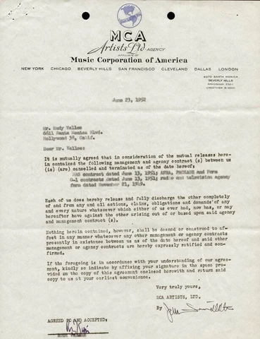RUDY VALLEE - DOCUMENT SIGNED 06/23/1952 Cover