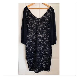 Marina Stretch Black Lace Cocktail Dress Sheer Split Sleeves Sequin Detail 12 - Picture 1 of 3