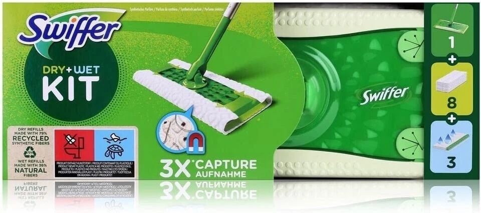 Swiffer Kit Dry+Wet nr. 1 scopa cattura polvere, 8 panni dry e 3 panni umidi