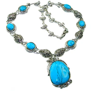 Turquoise Marcasite Necklace 925 Sterling Silver Handcrafted Blue Gemstone 58.9g - Picture 1 of 3