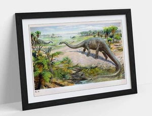 VINTAGE DINOSAUR ILLUSTRATION PREHISTORIC -FRAMED ART PICTURE PAPER PRINT - Picture 1 of 10