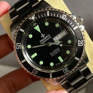 Rare Pronto Submersible Diver Black Dial Chinese Day Date Automatic Swiss Watch - Picture 1 of 8
