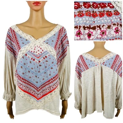 Free People Medium Prairie Days Floral Print Lace Top Linen Cotton Blend EUC - Image 1 of 4