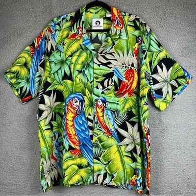 Ocean Current Shirt Mens Large Green Vintage Hawaiian Tropical Palm Tree Parrot - Image 1 of 4