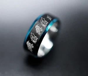 Men Black Tungsten Wolf & Raven Ancient Tribal Pattern Minimal Wedding Ring- 8mm - Picture 1 of 3