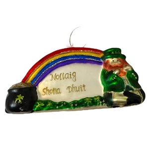 Nollaig Shona Dhuit Leprechaun Hand Blown Glass Christmas Ornament Rainbow Irish - Picture 1 of 4