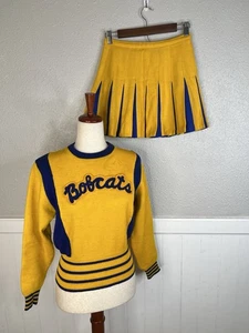 Vtg 50s 60s Cheerleader Cheer Uniform Sweater Skirt Gold Blue Bobcats - Picture 1 of 17