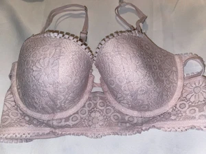 Aerie Real Power Floral Lace Strappy Balconette Bra 36C Nude pink Push up - Picture 1 of 5